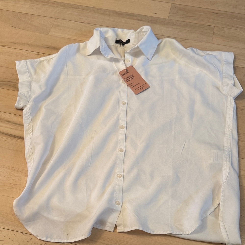 Quince-White Button Down Classic Short Sleeve Top Shirt-New-XS